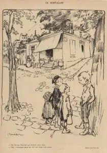 World War I print. A child symbolically takes his soldier father's place.