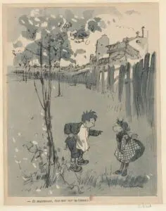 Illustration for L'Assiette au Beurre. Two children on social taboos. 1905
