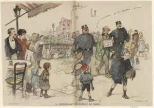 World War I propaganda drawing by Poulbot. A suspected spy is arrested under the approving gaze of Parisian children. 1916