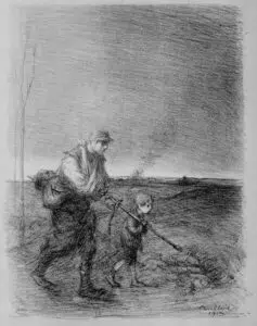 Lithograph by Poulbot. A young boy, or 'poulbot', plays soldier with his father's sword. 1915