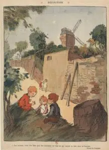 Satirical press clipping from 1910. Humorous illustration by Poulbot.