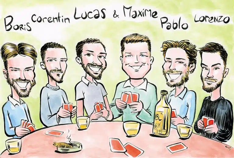 Group caricature of friends playing poker