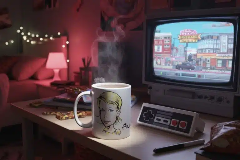 Caricature mug in a teen's room