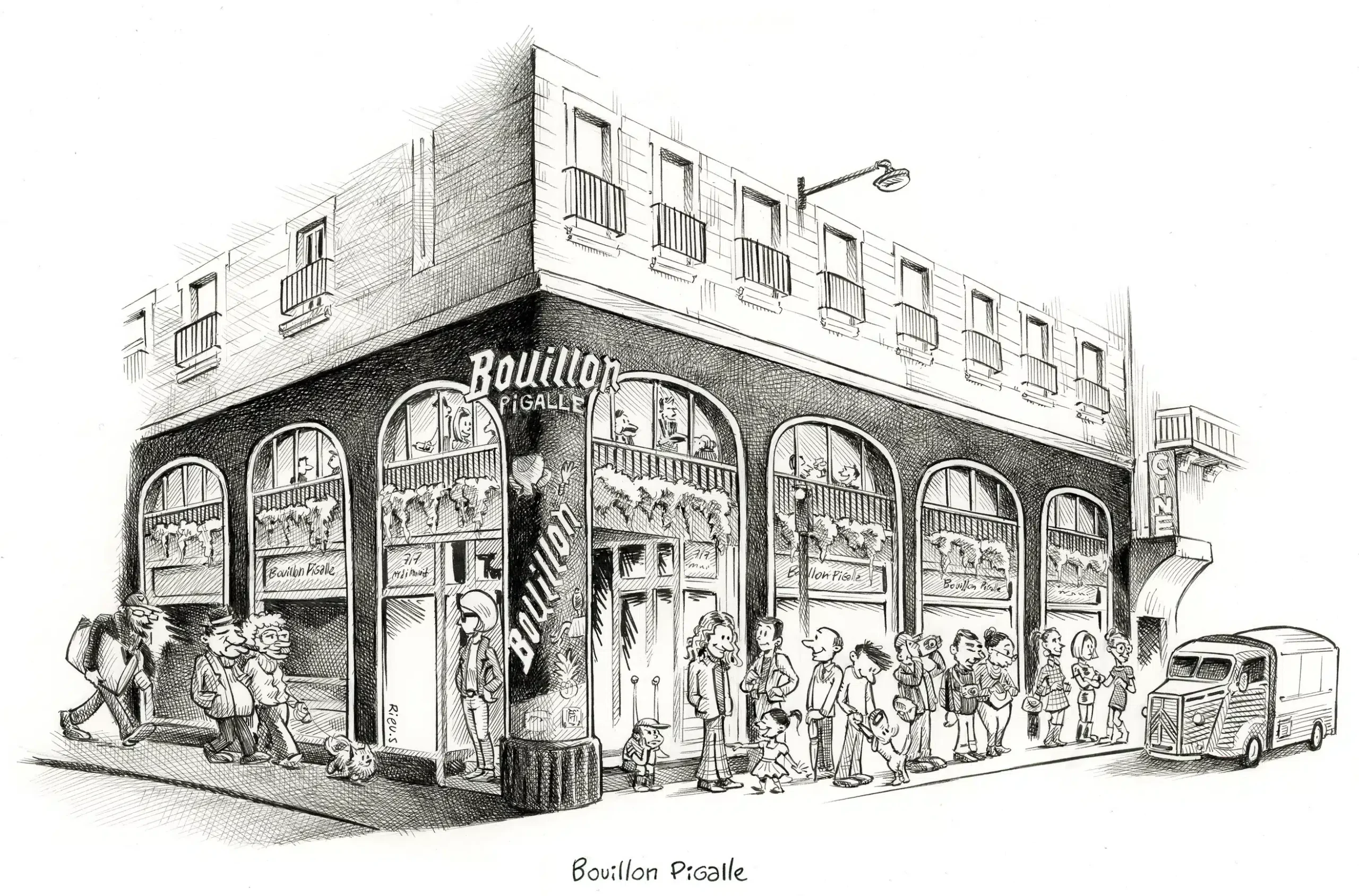 Bouillon Pigalle Paris restaurant India ink drawing