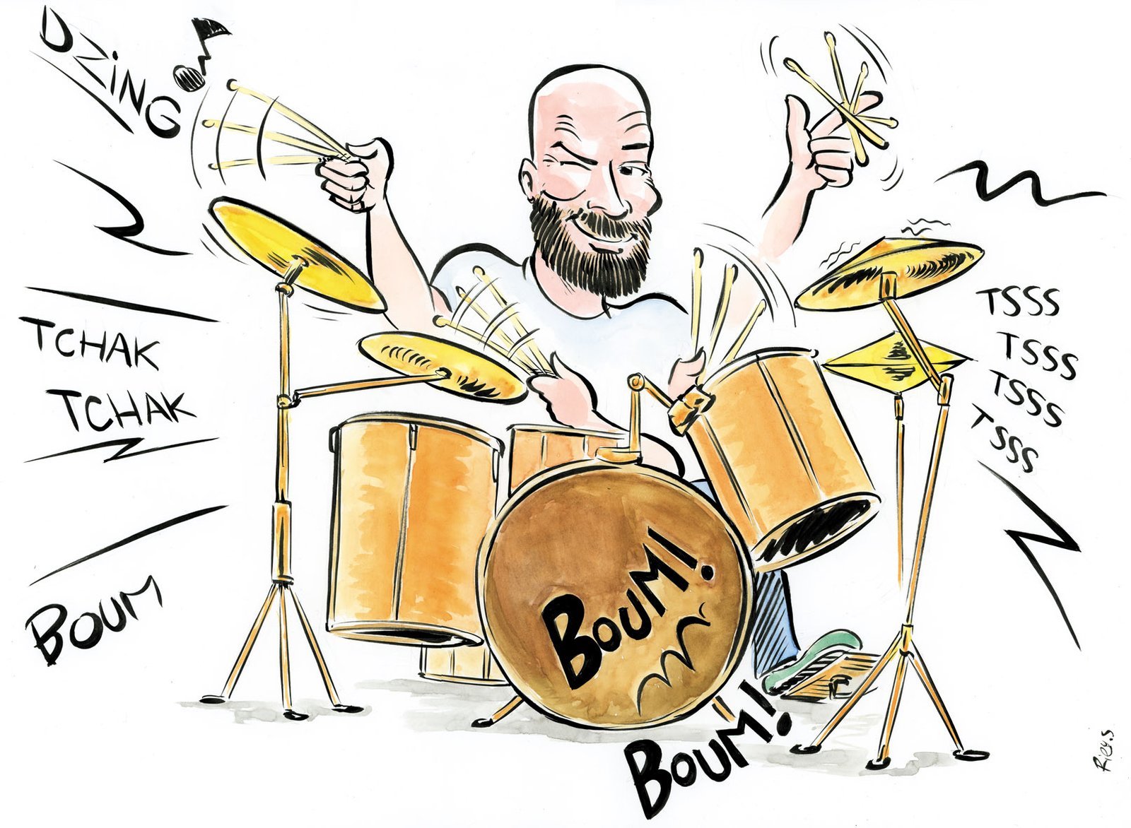 Drummer digital caricature — hand-drawn by Sébastien Rieu