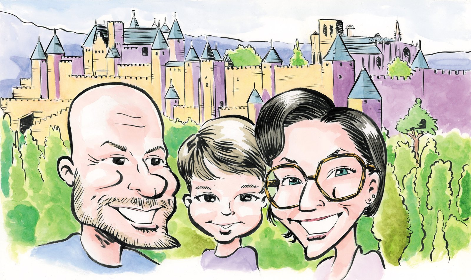 Family caricature with medieval Carcassonne castle setting, ink and watercolor