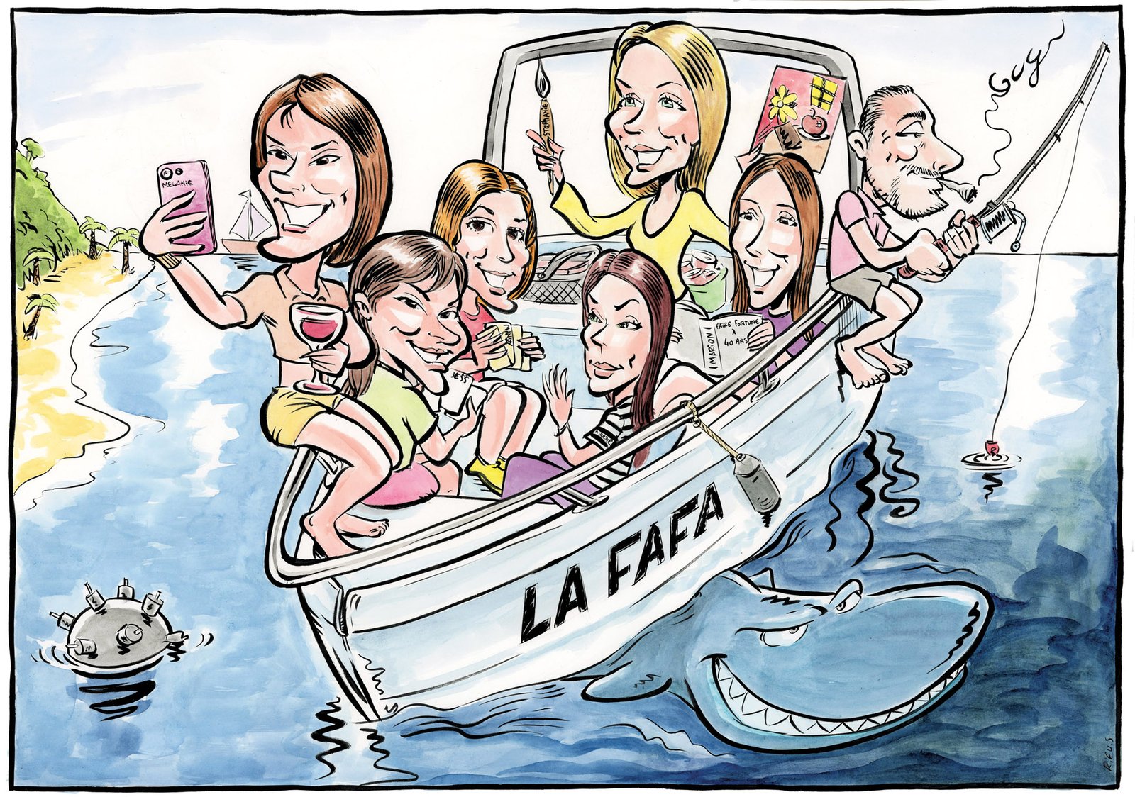 Group of friends birthday caricature on a boat