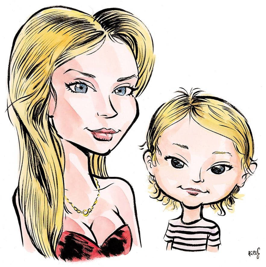 Mother and daughter color caricature drawn live from life