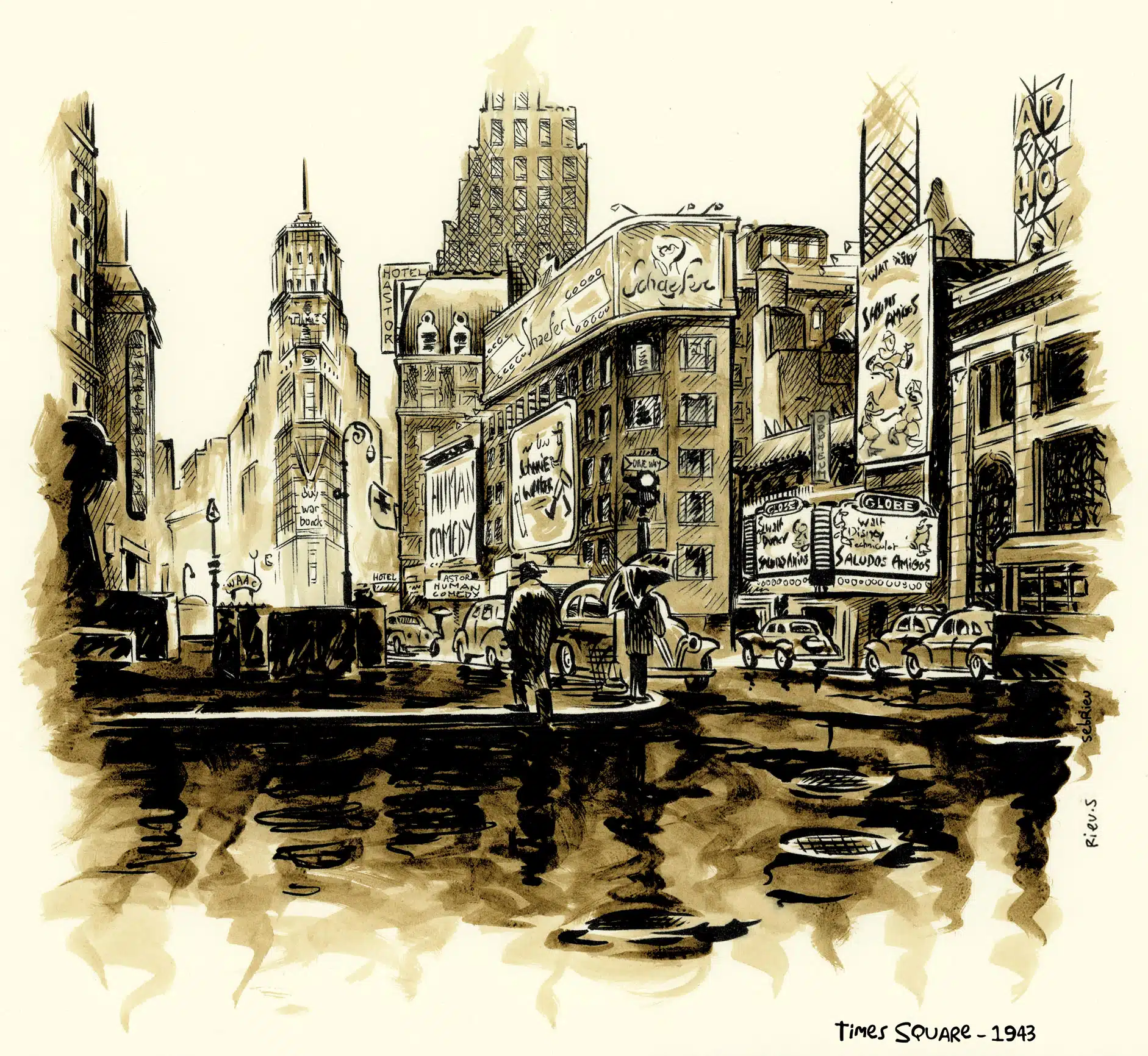 Times Square sepia ink drawing