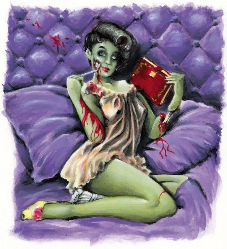 Zombie Pin-Up painting by Sébastien Rieu after Gil Elvgren