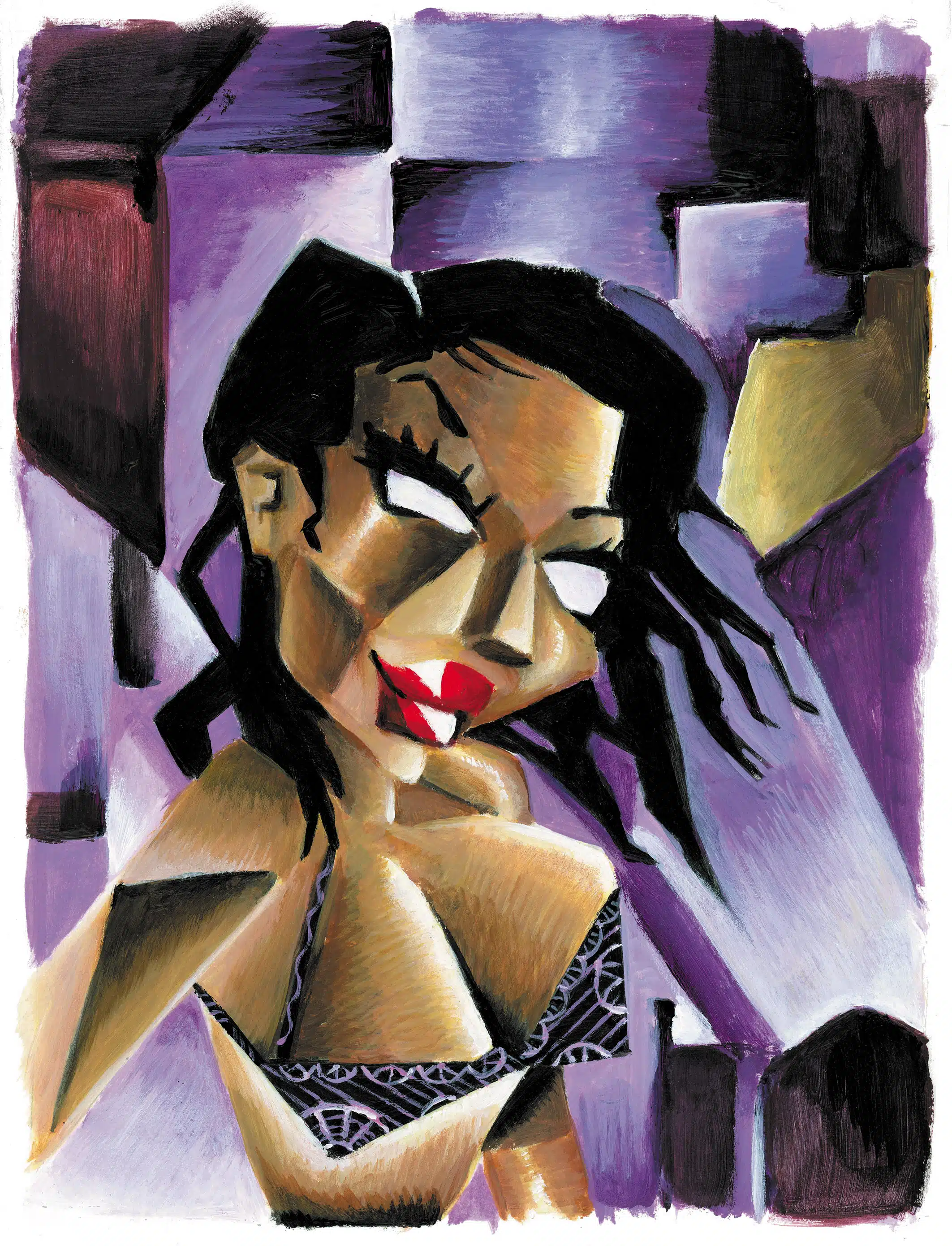 Amanda, retrato de pin-up cubista al acrílico por Sébastien Rieu