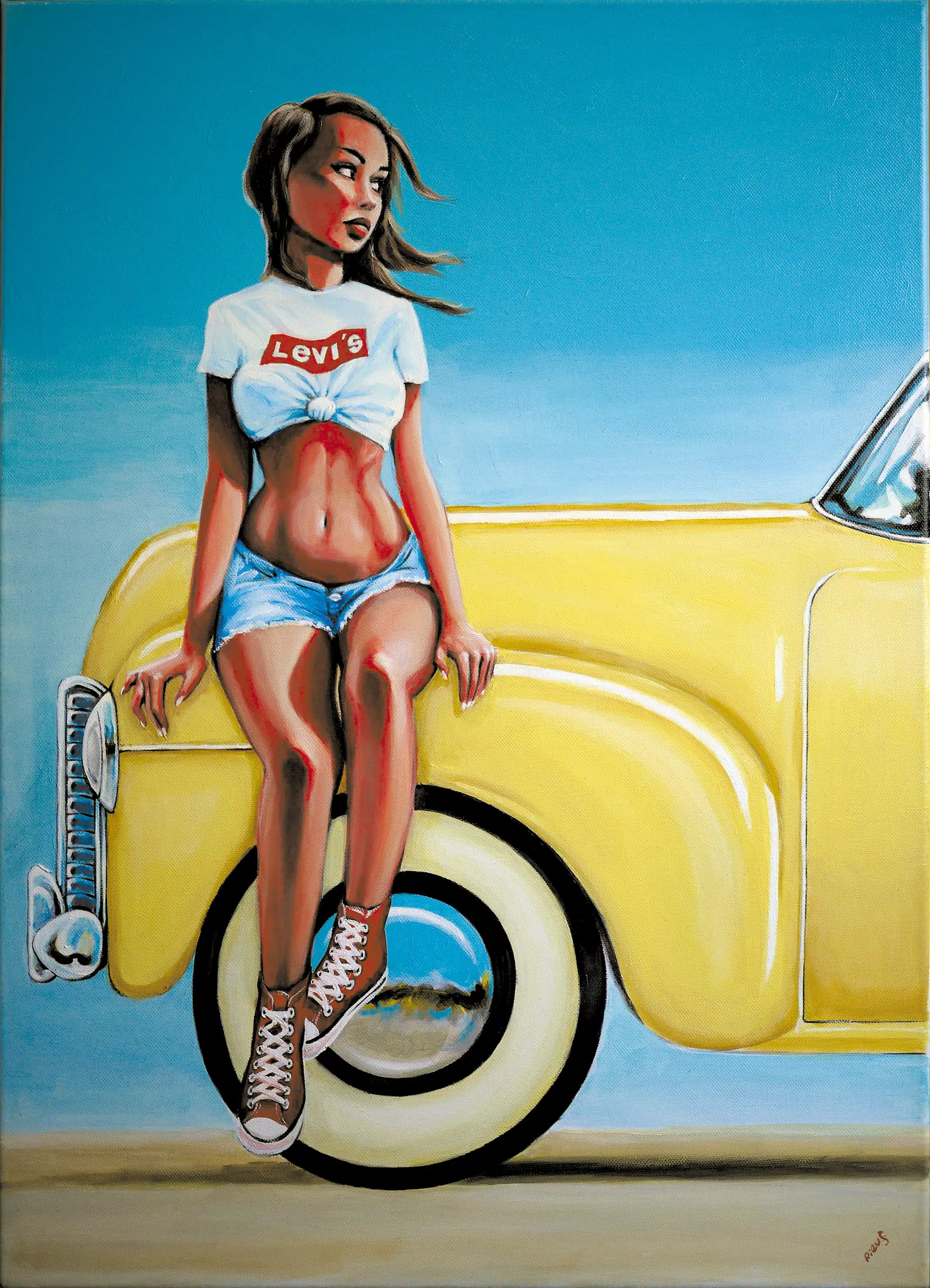 Pin-up vintage con vaqueros Levi's sentada sobre un Buick, pintura acrílica sobre lienzo