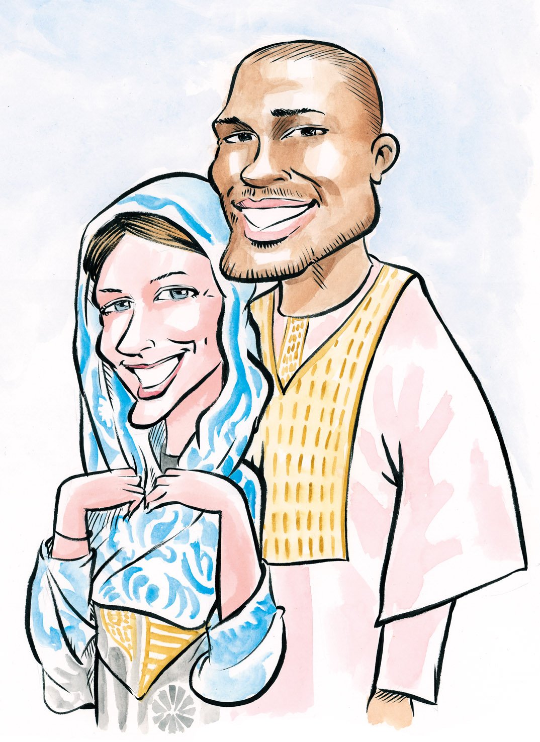 Couple caricature hand-drawn from a photo by Sébastien Rieu