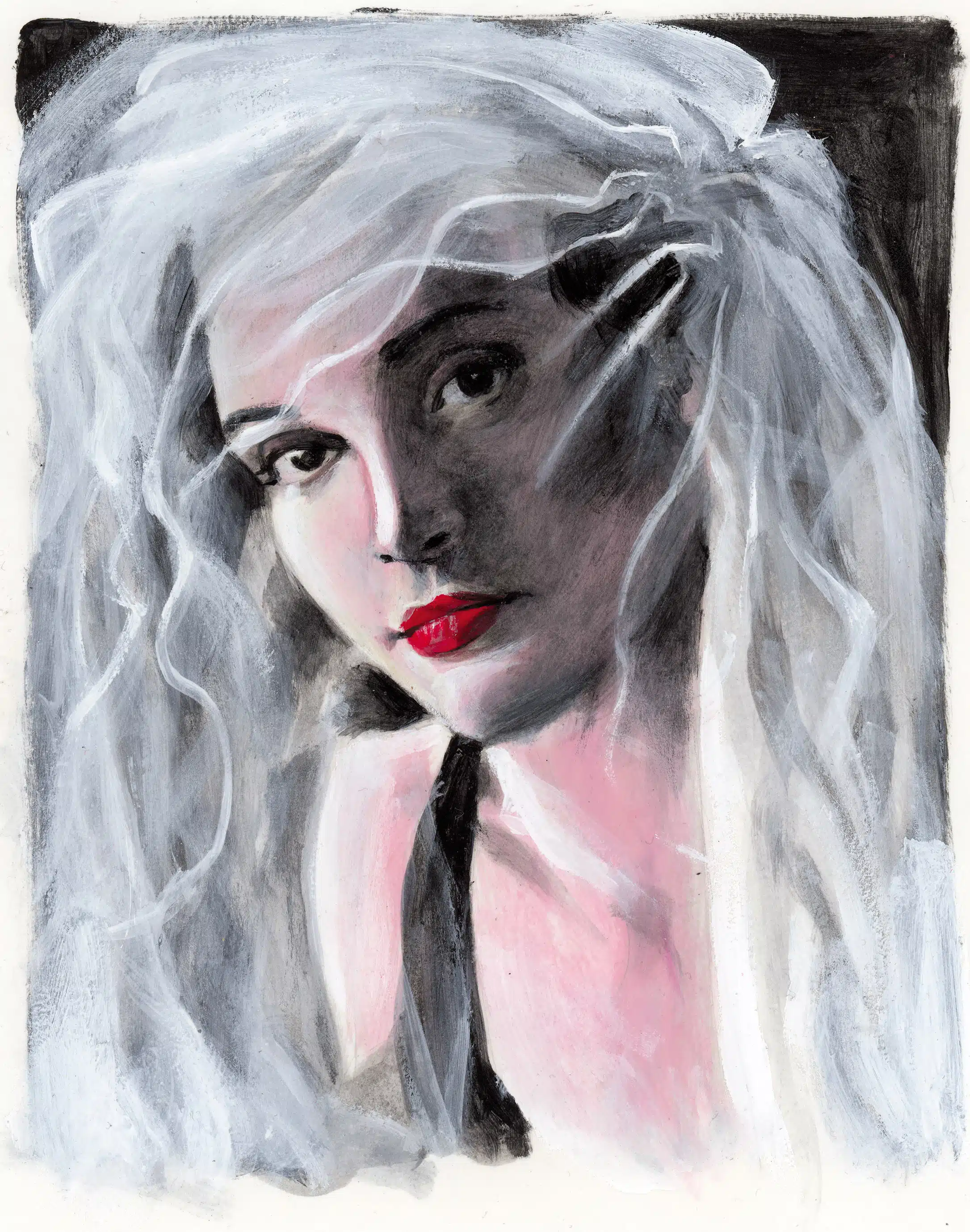 Retrato de una joven con velo de novia, pintura acrílica de Sébastien Rieu