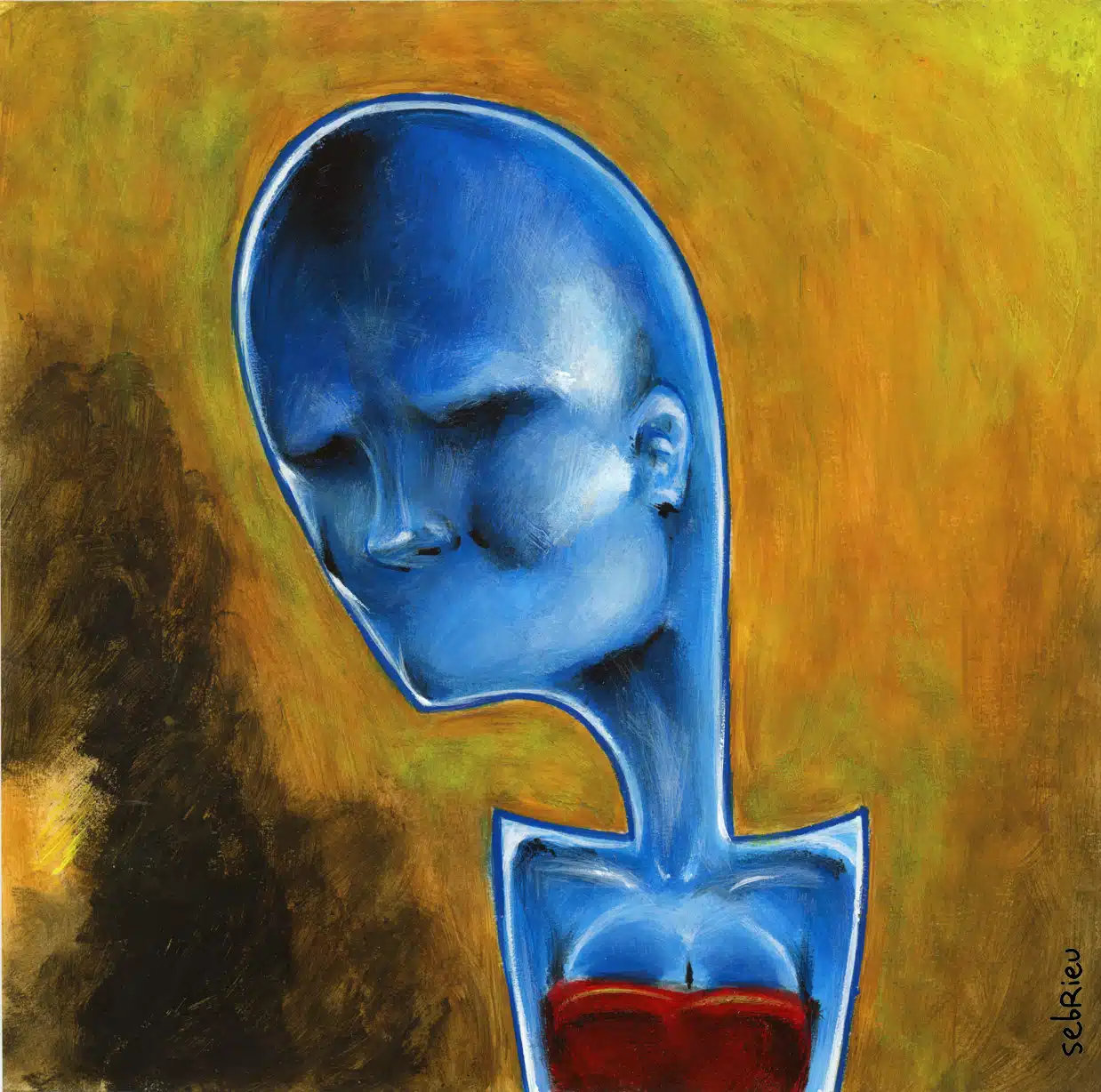 Retrato monocromo en azul, pintura acrílica de Sébastien Rieu