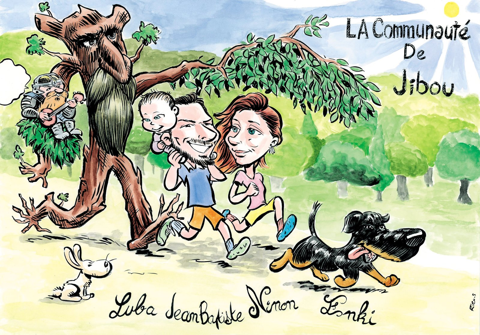 Family caricature hand-drawn from a photo