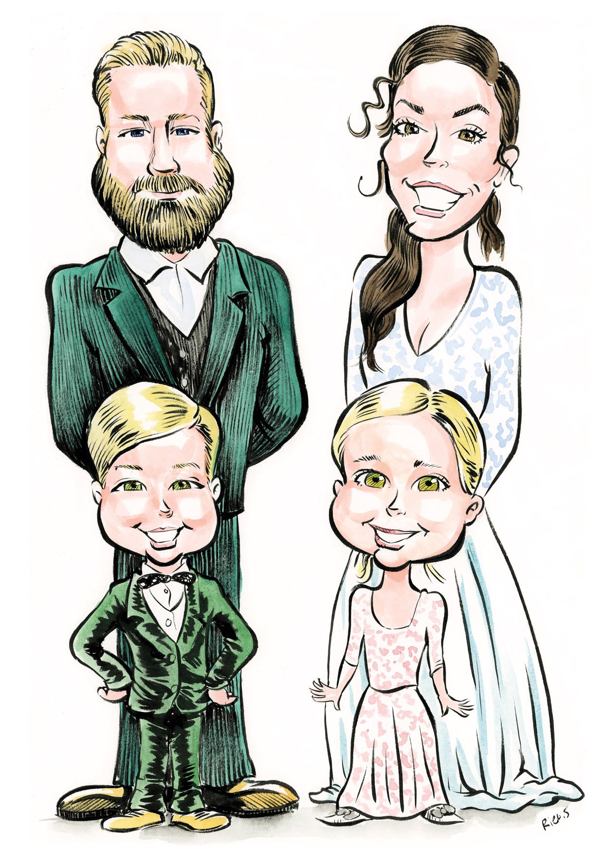 Hand-drawn caricature commission in ink and watercolor