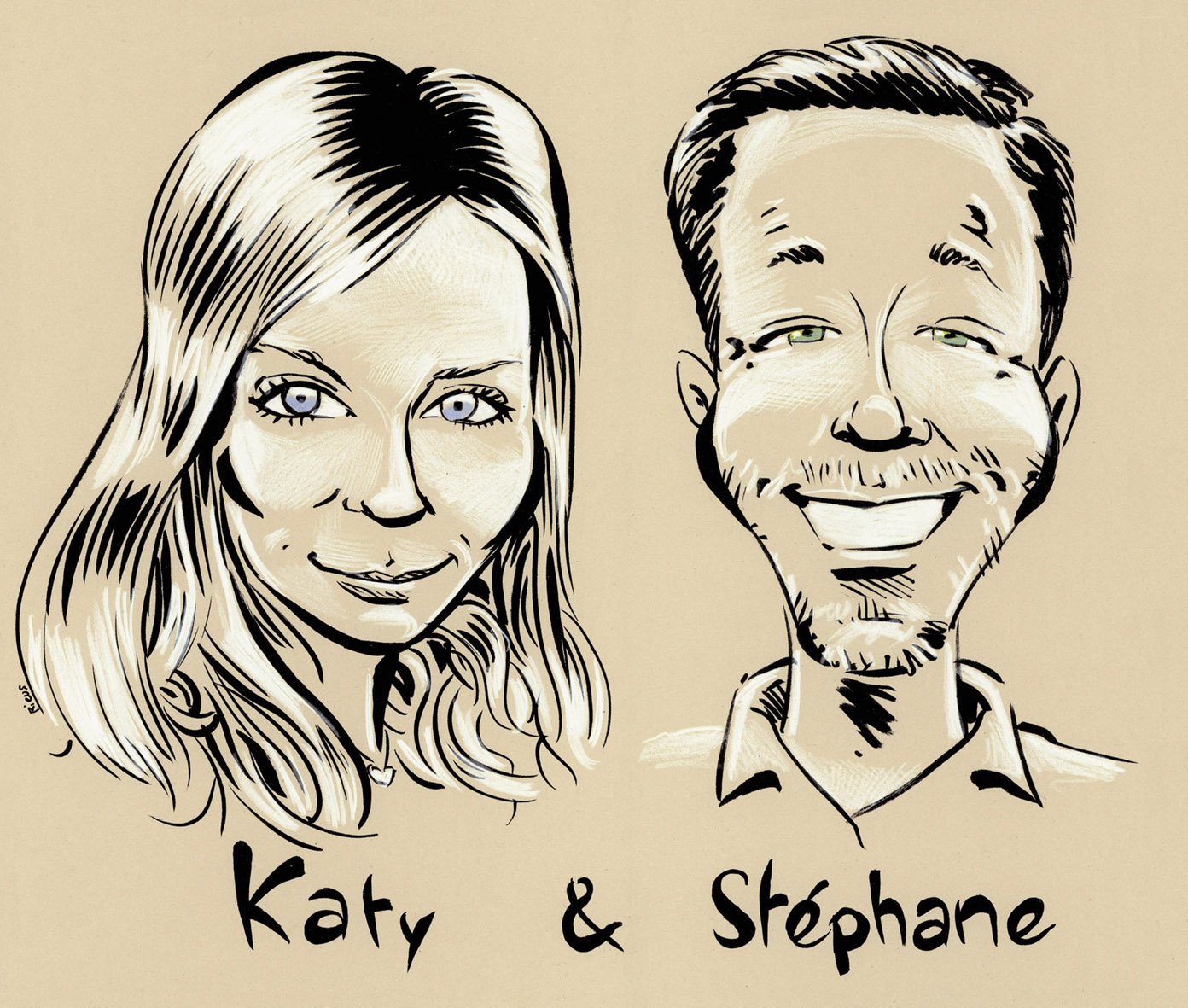 Hand-drawn caricature commission in ink and watercolor