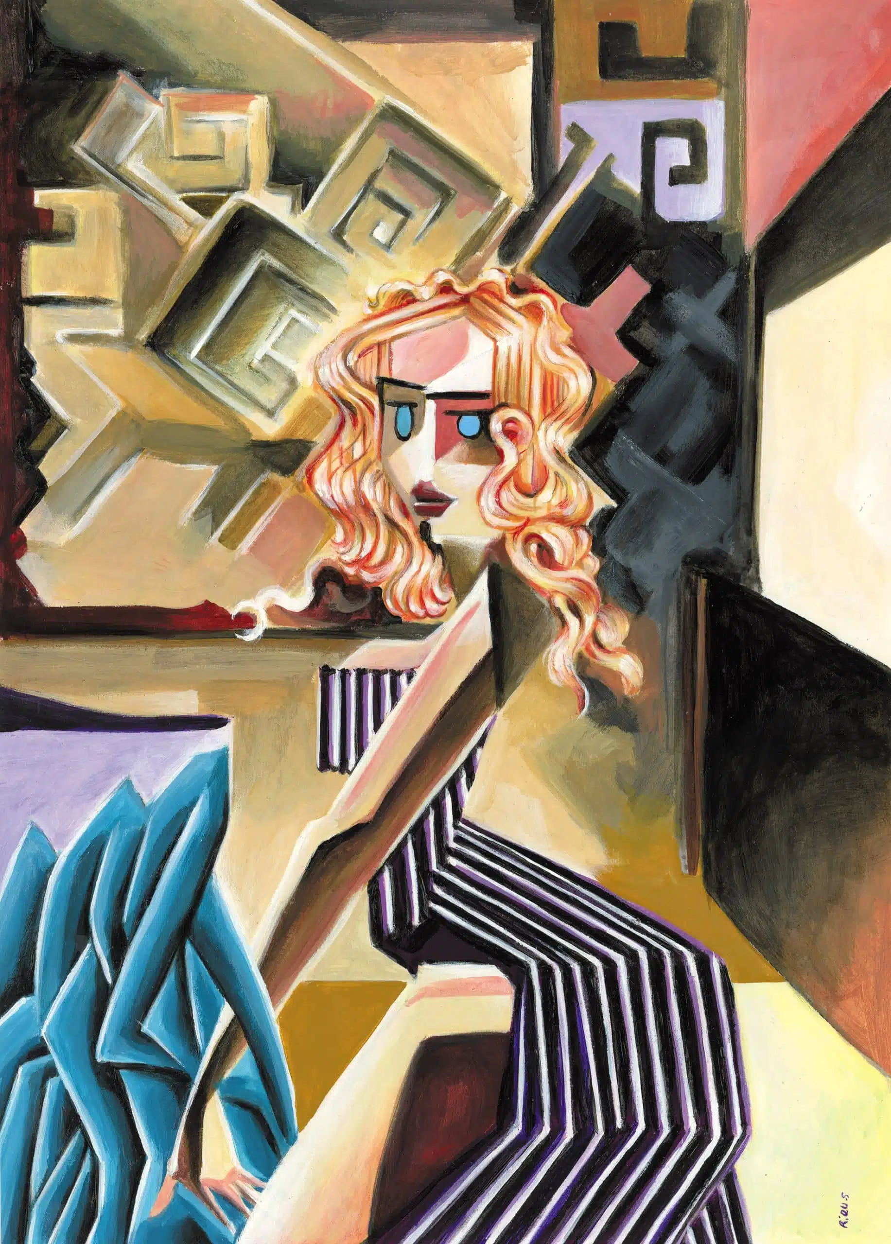 Pintura de pin-up cubista al acrílico sobre papel por Sébastien Rieu