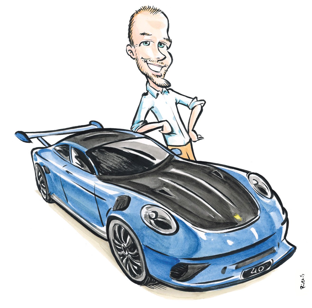 Watercolor caricature of a Porsche 911 GT3 RS, original hand-drawn artwork by Sébastien Rieu