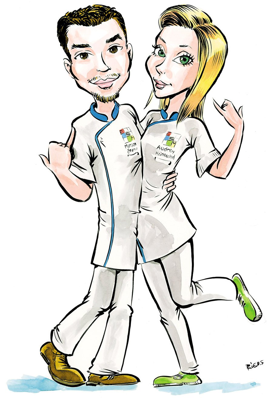 Wedding caricature with the couple's own world drawn into the scene