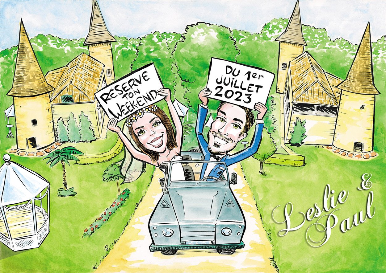 Wedding caricature of a couple with their car, hand-drawn in ink and watercolor