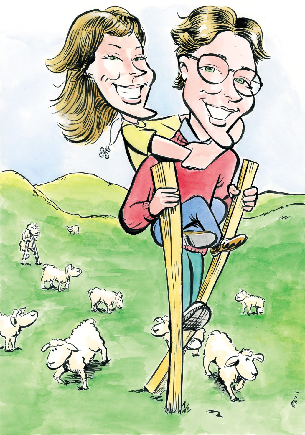 Caricature of a young couple of farmers hand-drawn from a photo