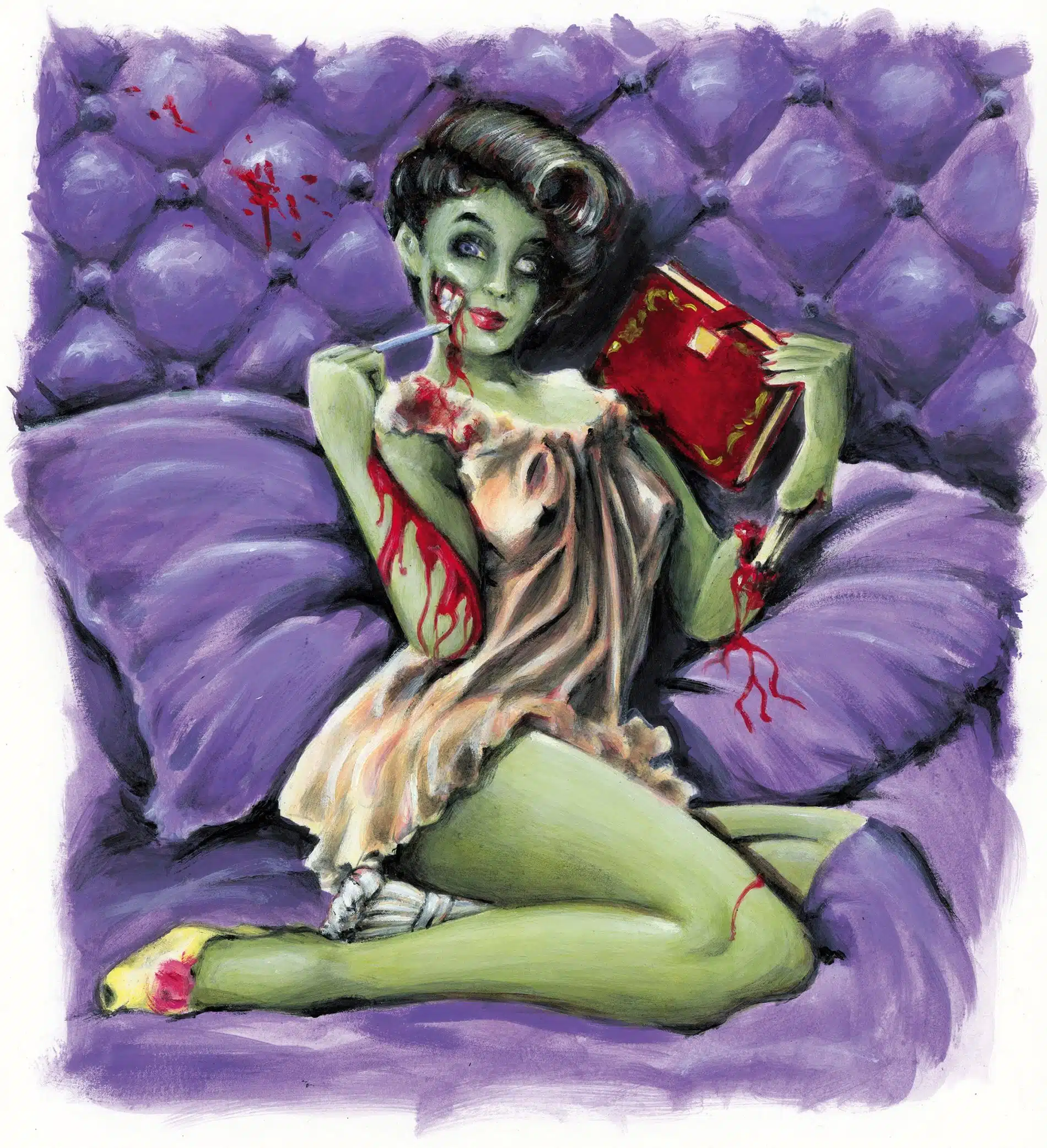Pintura de pin-up zombi, acrílico sobre papel por Sébastien Rieu