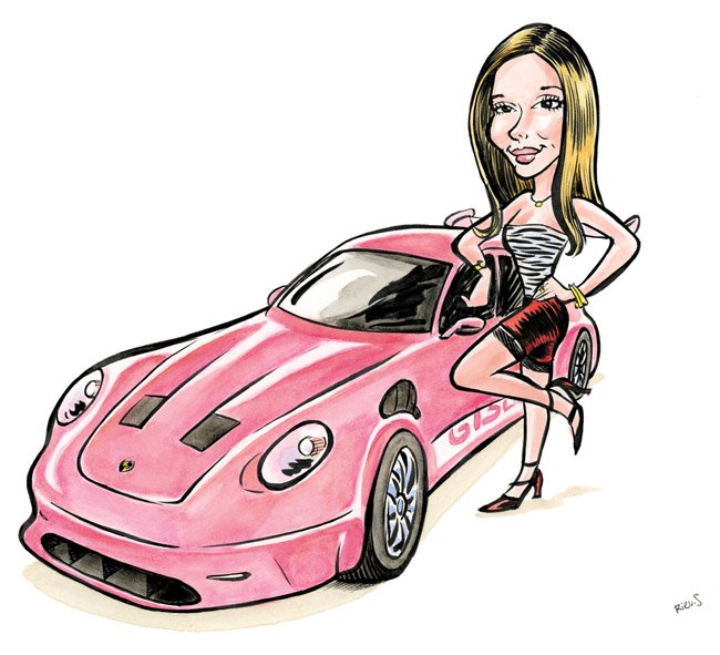 Laura with her Porsche, a custom illustration by Sébastien Rieu