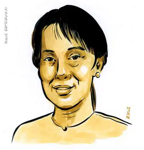 Sepia watercolor portrait of Aung San Suu Kyi — Leader of the Opposition — 1945– · Sébastien Rieu