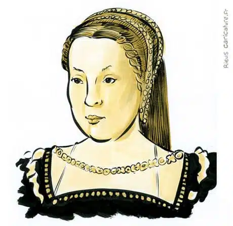 Sepia watercolor portrait of Catherine de' Medici — Reine de France — 1519–1589 · Sébastien Rieu