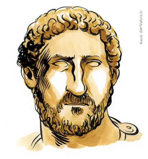 Sepia watercolor portrait of Hadrian — Emperor — 76–138 · Sébastien Rieu