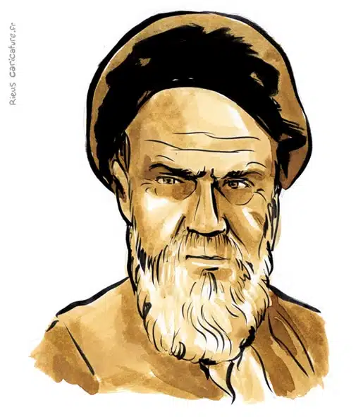 Sepia watercolor portrait of Ruhollah Khomeini — Supreme Leader — 1902–1989 · Sébastien Rieu