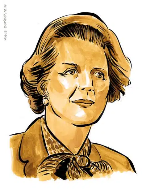 Sepia watercolor portrait of Margaret Thatcher — Première ministre — 1925–2013 · Sébastien Rieu