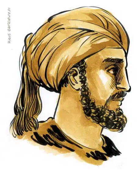 Sepia watercolor portrait of Abd al-Rahman I — Emir of al-Andalus — 731–788 · Sébastien Rieu