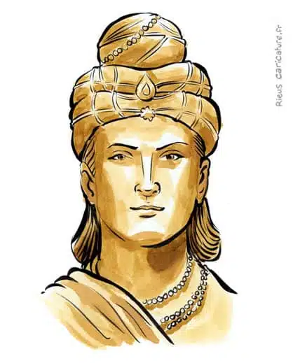 Sepia watercolor portrait of Ashoka — Maurya Emperor — ~304–232 av. J.-C. · Sébastien Rieu