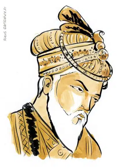 Sepia watercolor portrait of Aurangzeb — Mughal emperor — 1618–1707 · Sébastien Rieu
