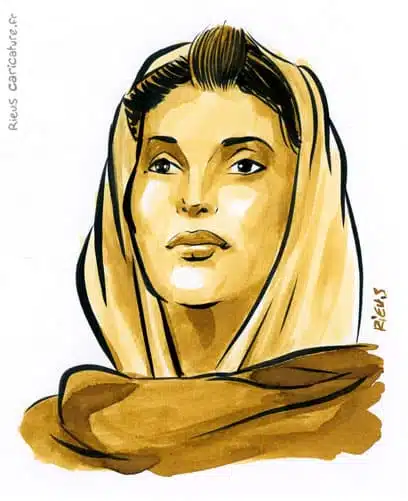 Sepia watercolor portrait of Benazir Bhutto — Prime Minister — 1953–2007 · Sébastien Rieu