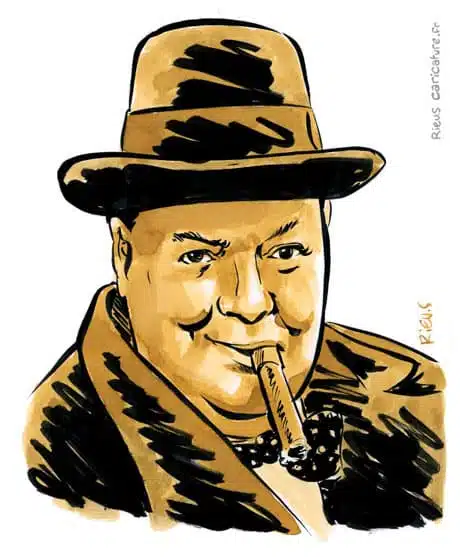 Sepia watercolor portrait of Winston Churchill — Premier ministre — 1874–1965 · Sébastien Rieu