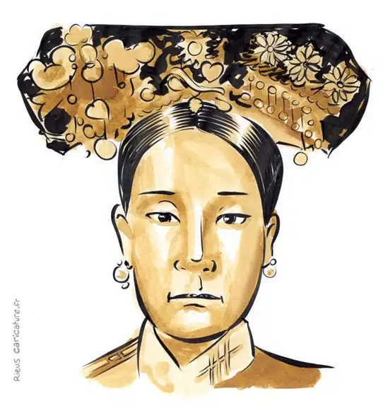 Sepia watercolor portrait of Empress Dowager Cixi — Regent — 1835–1908 · Sébastien Rieu