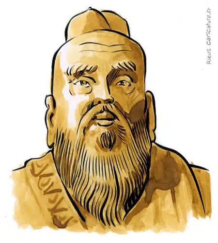 Sepia watercolor portrait of Confucius — Philosopher — 551–479 av. J.-C. · Sébastien Rieu