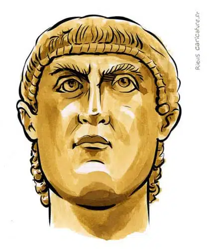 Sepia watercolor portrait of Constantine I — Emperor — 272–337 · Sébastien Rieu