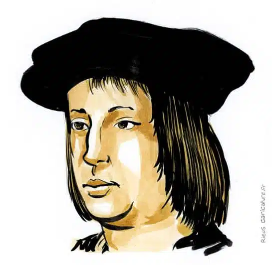 Sepia watercolor portrait of Ferdinand II of Aragon — King of Spain — 1452–1516 · Sébastien Rieu
