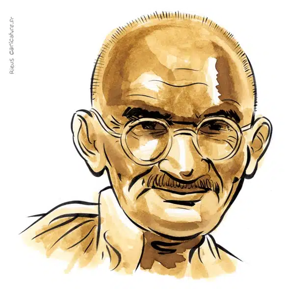 Sepia watercolor portrait of Mahatma Gandhi — Father of the Nation — 1869–1948 · Sébastien Rieu