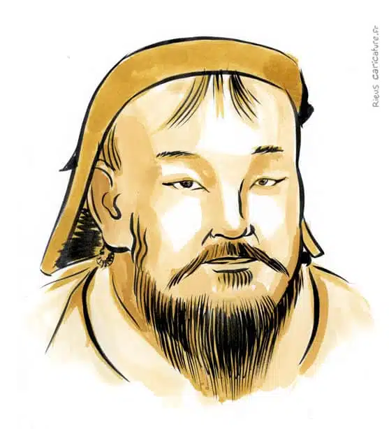 Sepia watercolor portrait of Genghis Khan — Founder of the Mongol Empire — 1162–1227 · Sébastien Rieu
