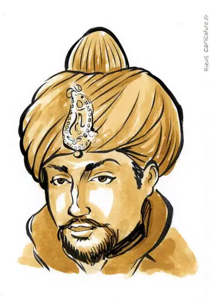 Sepia watercolor portrait of Ibrahim Lodi — Sultan of Delhi — ~1480–1526 · Sébastien Rieu