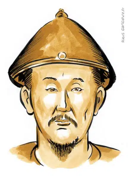 Sepia watercolor portrait of Kangxi Emperor — Qing Emperor — 1654–1722 · Sébastien Rieu