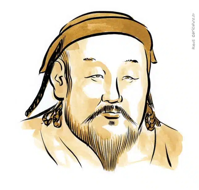 Sepia watercolor portrait of Kublai Khan — Founder dyn. Yuan — 1215–1294 · Sébastien Rieu