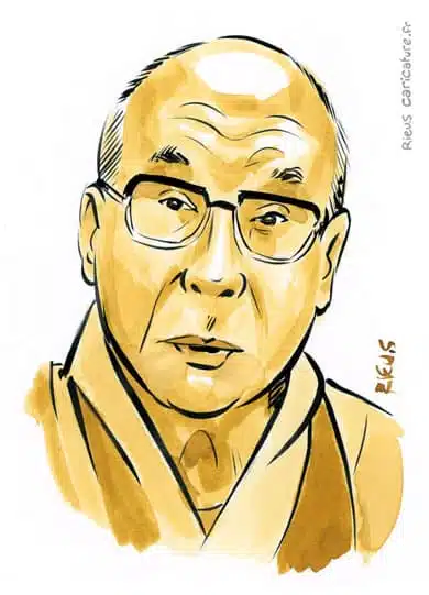 Sepia watercolor portrait of Dalai Lama — Spiritual leader — 1935– · Sébastien Rieu
