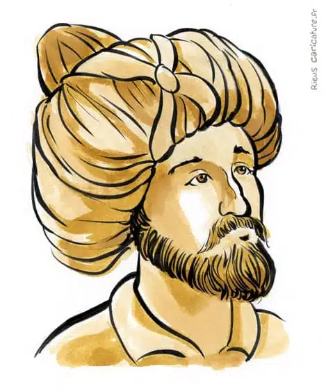 Sepia watercolor portrait of Muhammad — Prophet of Islam — 570–632 · Sébastien Rieu